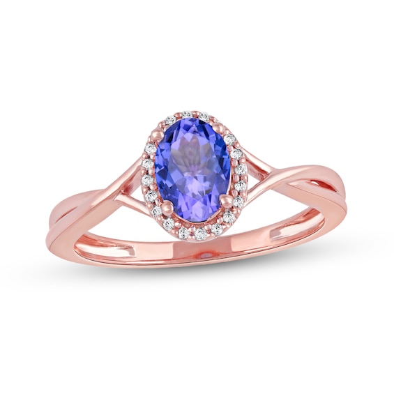 Oval Tanzanite and 0.04 CT. T.W. Diamond Frame Twist Shank Ring in 10K Rose Gold