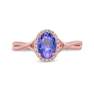 Oval Tanzanite and 0.04 CT. T.W. Diamond Frame Twist Shank Ring in 10K Rose Gold