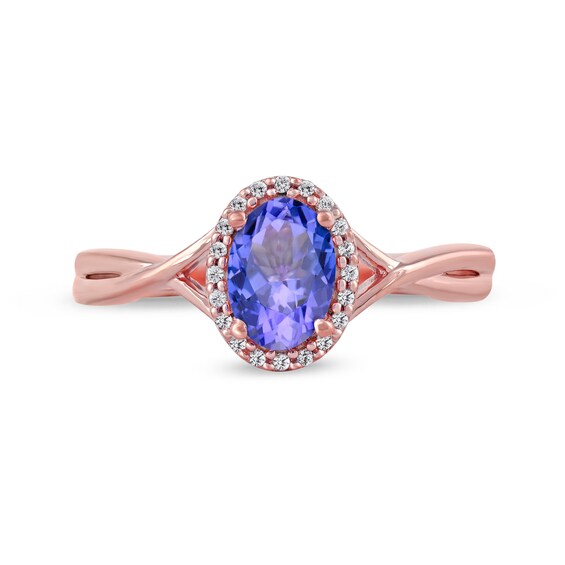 Oval Tanzanite and 0.04 CT. T.W. Diamond Frame Twist Shank Ring in 10K Rose Gold