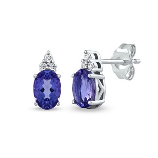 Oval Tanzanite and 0.04 CT. T.W. Diamond Tri-Top Stud Earrings in 10K White Gold