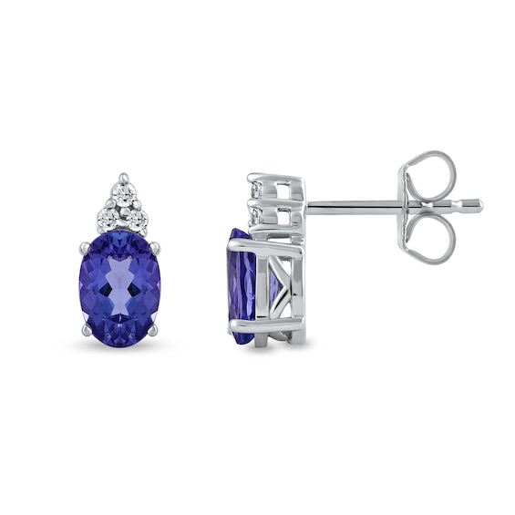 Oval Tanzanite and 0.04 CT. T.W. Diamond Tri-Top Stud Earrings in 10K White Gold