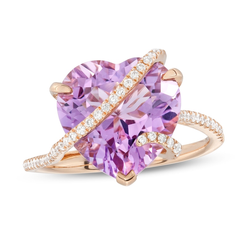 EFFY™ Collection 12.0mm Heart-Shaped Pink Quartz and 0.21 CT. T.W. Diamond Crossover Ring in 14K Rose Gold|Peoples Jewellers