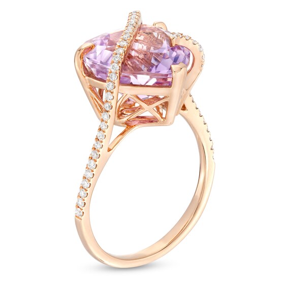 EFFY™ Collection 12.0mm Heart-Shaped Pink Quartz and 0.21 CT. T.W. Diamond Crossover Ring in 14K Rose Gold