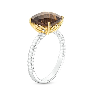 10.0mm Cushion-Cut Smoky Quartz Solitaire Rope-Textured Shank Ring in Sterling Silver and 10K Gold