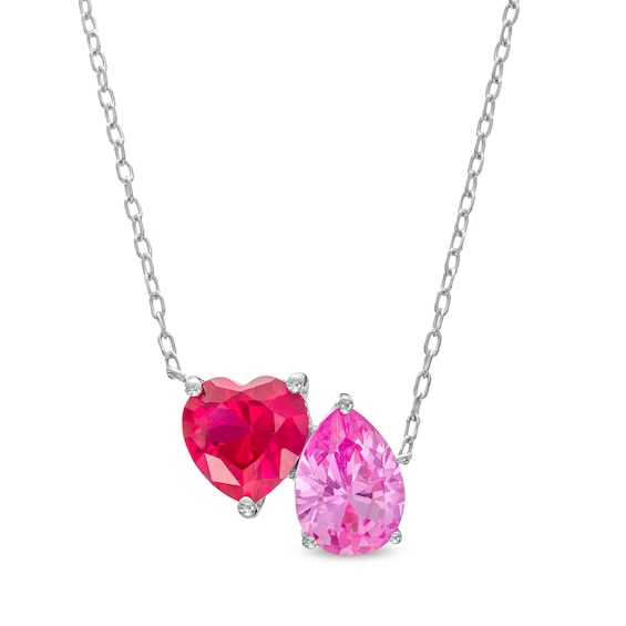 Lab-Created Pink Sapphire Double Row Heart Necklace in Sterling