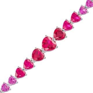 Heart-Shaped Lab-Created Ruby and Pink and White Lab-Created Sapphire Graduated Line Bracelet in Sterling Silver - 7.25"