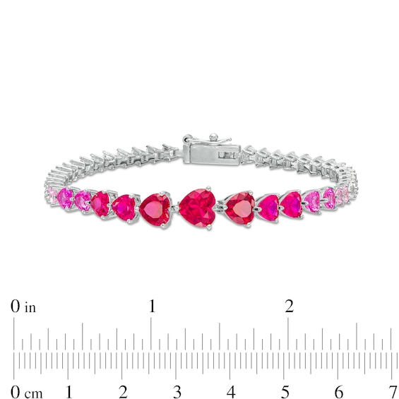 Heart-Shaped Lab-Created Ruby and Pink and White Lab-Created Sapphire Graduated Line Bracelet in Sterling Silver - 7.25"