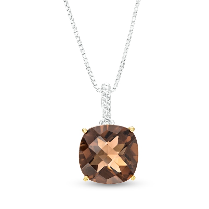 10.0mm Cushion-Cut Smoky Quartz Solitaire Pendant in Sterling Silver and 10K Gold