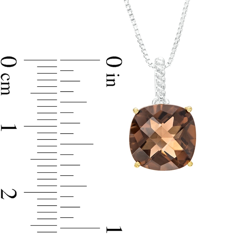 10.0mm Cushion-Cut Smoky Quartz Solitaire Pendant in Sterling Silver and 10K Gold