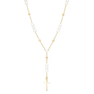 Oval Freshwater Cultured Pearl Cross Station "Y" Necklace in 10K Gold