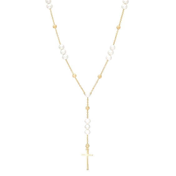 Oval Freshwater Cultured Pearl Cross Station "Y" Necklace in 10K Gold