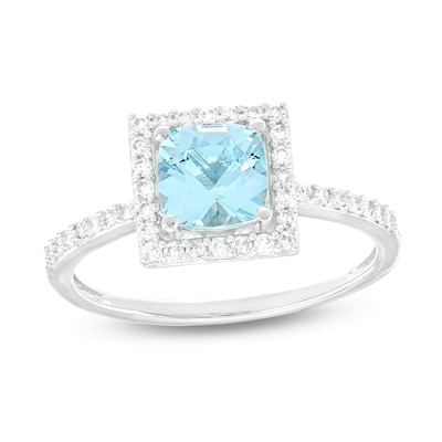 6.0mm Cushion-Cut Aquamarine and 0.23 CT. T.W. Diamond Square-Shaped Frame Ring in 10K White Gold