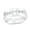 Men's 0.62 CT. T.W. Diamond Seven Stone with Cross Side Accent Wedding Band in 10K White Gold