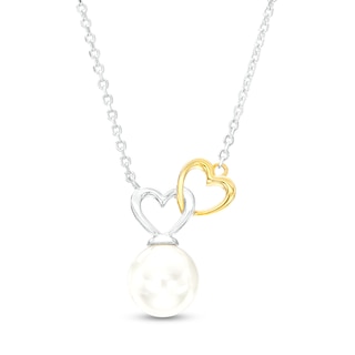 Freshwater Cultured Pearl Heart Link Necklace in Sterling Silver and 10K Gold