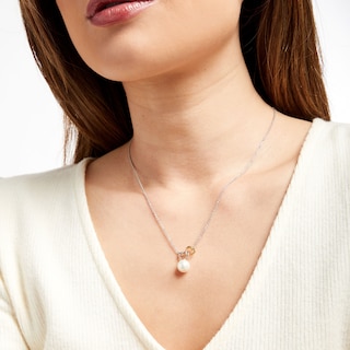 Freshwater Cultured Pearl Heart Link Necklace in Sterling Silver and 10K Gold