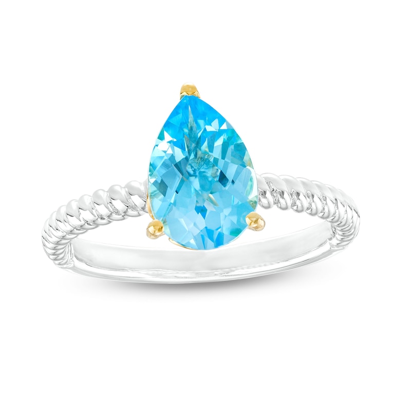 Pear-Shaped Swiss Blue Topaz Solitaire Rope-Textured Shank Ring in Sterling Silver and 10K Gold