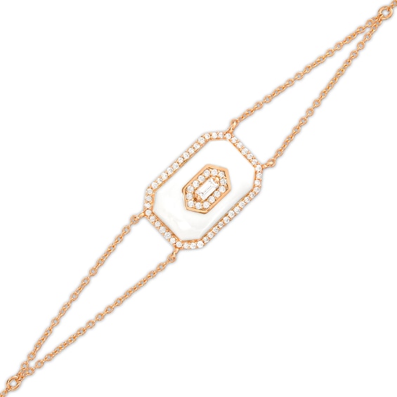 0.20 CT. T.W. Baguette Diamond Octagonal Frame White Enamel Bracelet in Sterling Silver with 14K Rose Gold Plate