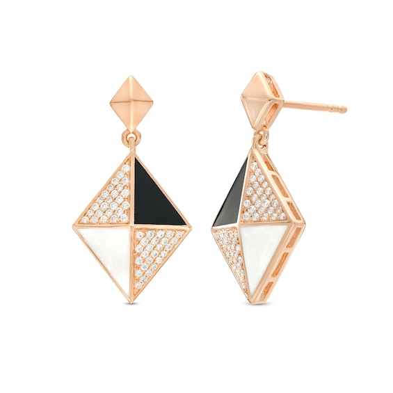 0.30 CT. T.W. Diamond Kite-Shaped Black and White Enamel Drop Earrings in Sterling Silver with 14K Rose Gold Plate