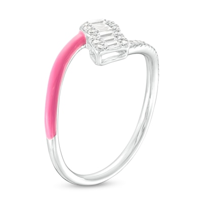 0.19 CT. T.W. Cushion-Shaped Multi-Diamond Pink Enamel Open Split Shank Ring in Sterling Silver