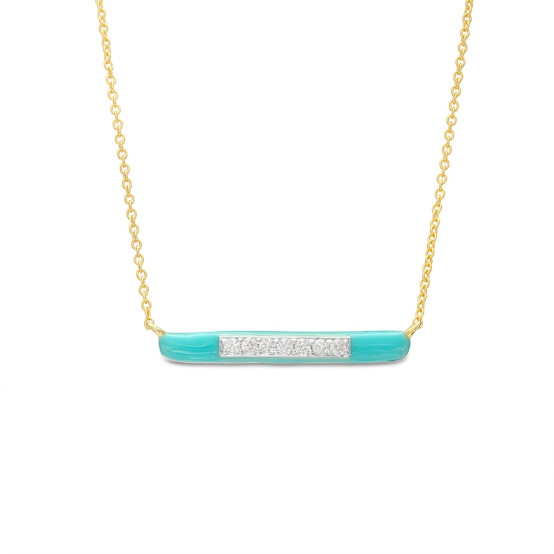 0.09 CT. T.W. Diamond Aqua Blue Enamel Horizontal Bar Necklace in Sterling Silver with 14K Gold Plate|Peoples Jewellers