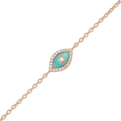 0.085 CT. T.W. Diamond Frame Blue Enamel Evil Eye Bracelet in Sterling Silver with 14K Rose Gold Plate