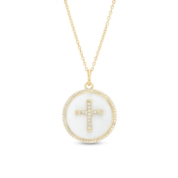 0.31 CT. T.W. Diamond Frame White Enamel Cross Circle Pendant in Sterling Silver with 14K Gold Plate