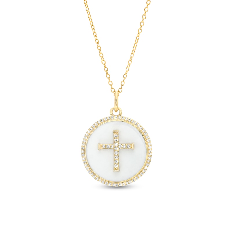 0.31 CT. T.W. Diamond Frame White Enamel Cross Circle Pendant in Sterling Silver with 14K Gold Plate