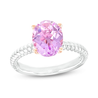 Oval Pink Amethyst Solitaire Rope-Textured Shank Ring in Sterling Silver and 10K Rose Gold