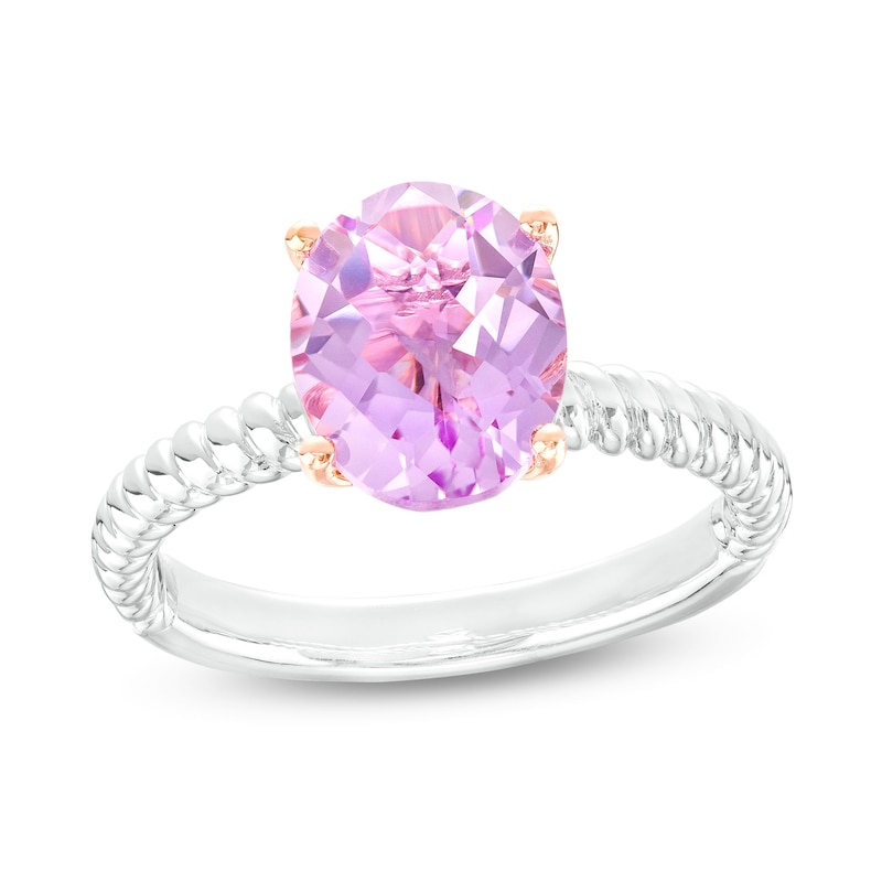 Oval Pink Amethyst Solitaire Rope-Textured Shank Ring in Sterling Silver and 10K Rose Gold|Peoples Jewellers