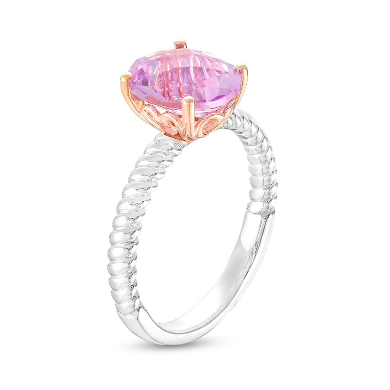 Oval Pink Amethyst Solitaire Rope-Textured Shank Ring in Sterling Silver and 10K Rose Gold