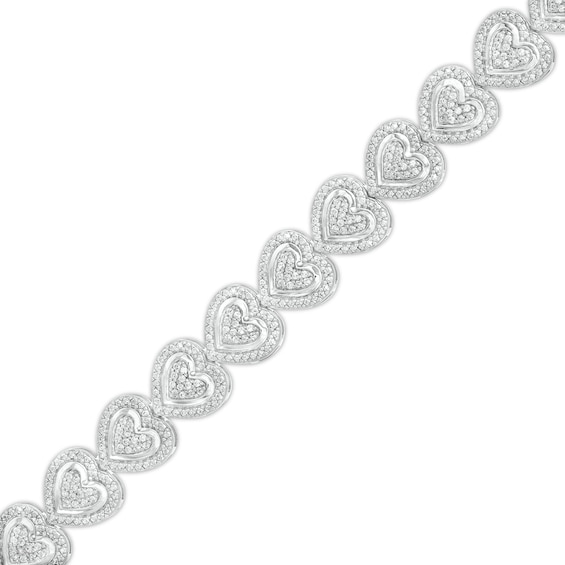 0.50 CT. T.W. Multi-Diamond Beaded Frame Sideways Heart Link Line Bracelet in Sterling Silver - 7.25"