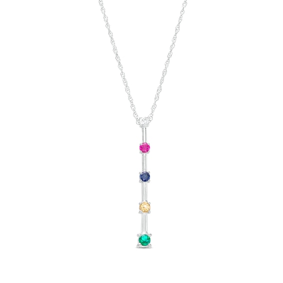 Mother's Simulated Gemstone Graduated Stick Drop Pendant in Sterling Silver (5 Stones)