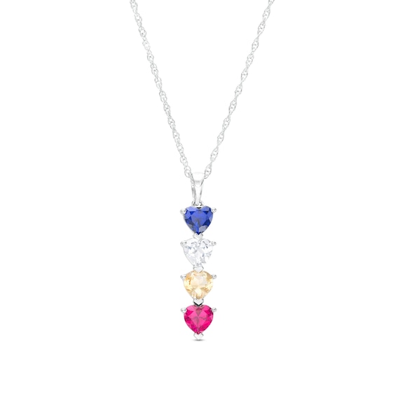 Mother's 5.0mm Heart-Shaped Simulated Gemstone Stacked Linear Drop Pendant in Sterling Silver (4 Stones)