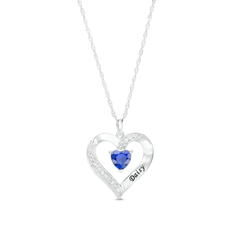 6.0mm Simulated Gemstone and White Lab-Created Sapphire Engravable Heart Pendant in Sterling Silver (1 Stone and Line)