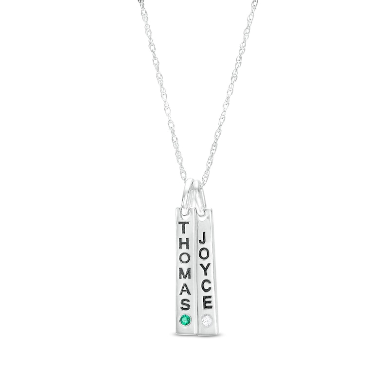 Couple's Simulated Gemstone Engravable Vertical Bar Charms Pendant in Sterling Silver (2 Stones and 2 Lines)
