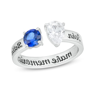 Couple's Pear-Shaped and Round Simulated Gemstone Engravable Open Shank Ring in Sterling Silver (2 Stones and 3 Lines)