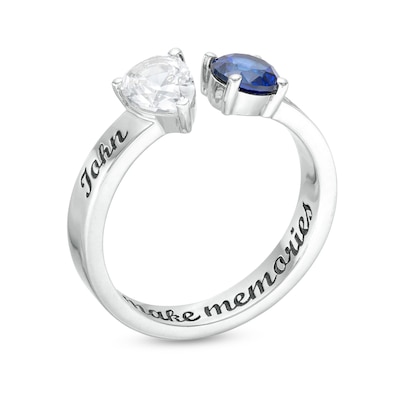 Couple's Pear-Shaped and Round Simulated Gemstone Engravable Open Shank Ring in Sterling Silver (2 Stones and 3 Lines)