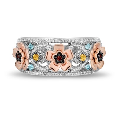 Disney Treasures Encanto Multi-Gemstone and 0.145 CT. T.W. Diamond Flower Ring in Sterling Silver and 10K Rose Gold