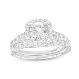 1.80 CT. T.W. Certified Lab-Created Diamond Cushion Frame Split Shank Bridal Set in 14K White Gold (F/SI2)