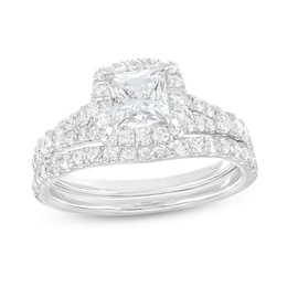 1.80 CT. T.W. Certified Princess-Cut Lab-Created Diamond Cushion Frame Split Shank Bridal Set in 14K White Gold (F/SI2)