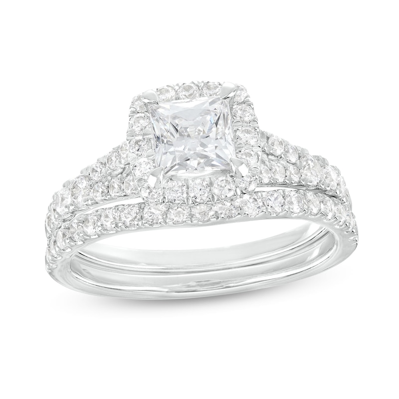 1.80 CT. T.W. Certified Princess-Cut Lab-Created Diamond Cushion Frame Split Shank Bridal Set in 14K White Gold (F/SI2)|Peoples Jewellers