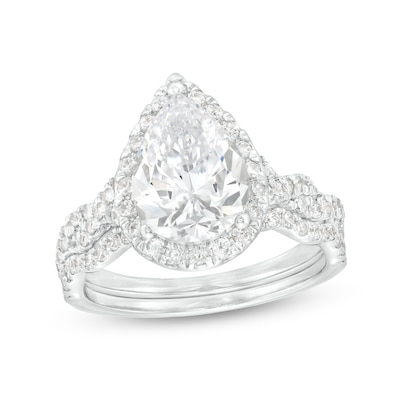 2.60 CT. T.W. Certified Pear-Shaped Lab-Created Diamond Frame Twist Shank Bridal Set in 14K White Gold (F/SI2)