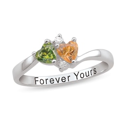 Couple's 4.0mm Heart-Shaped Gemstone and Diamond Accent Engravable Bypass Ring (2 Stones and 1 Line)