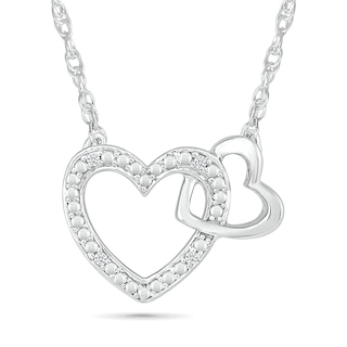 Diamond Accent Beaded Large and Small Interlocking Hearts Necklace in Sterling Silver - 17.5"