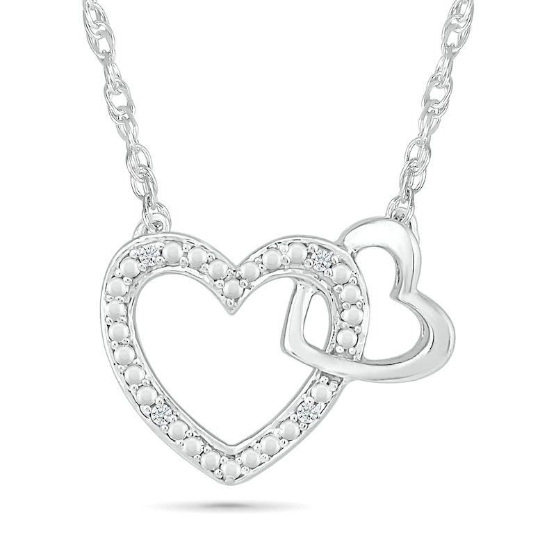 Diamond Accent Beaded Large and Small Interlocking Hearts Necklace in Sterling Silver - 17.5"