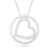 Diamond Accent Beaded Tilted Heart Outline in Circle Pendant in Sterling Silver