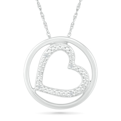 Diamond Accent Beaded Tilted Heart Outline in Circle Pendant in Sterling Silver