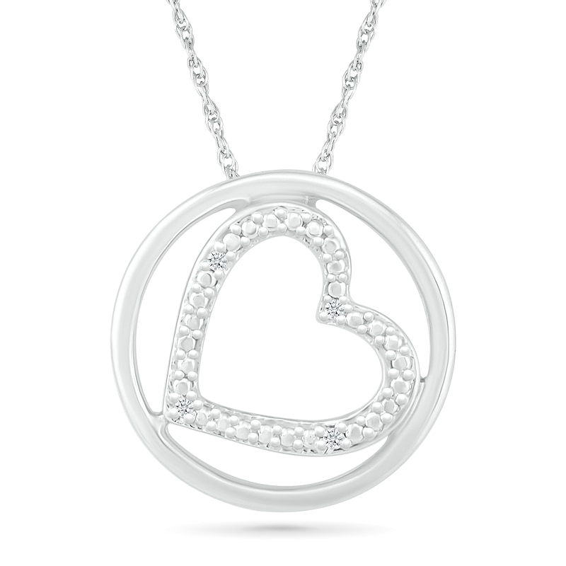 Diamond Accent Beaded Tilted Heart Outline in Circle Pendant in Sterling Silver|Peoples Jewellers