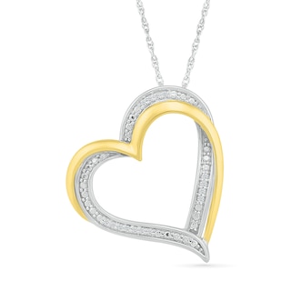 Diamond Accent Beaded Layered Double Tilted Heart Pendant in Sterling Silver and 14K Gold Plate