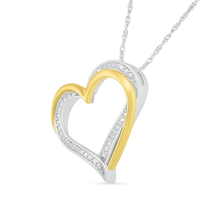 Diamond Accent Beaded Layered Double Tilted Heart Pendant in Sterling Silver and 14K Gold Plate